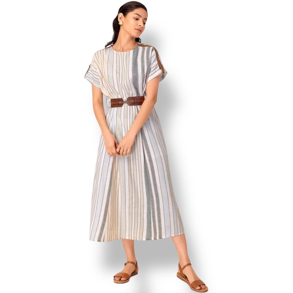 NWT Earthen Cotton Striped Neutral Short Sleeve Midi Dress w/ Belt Women's XS